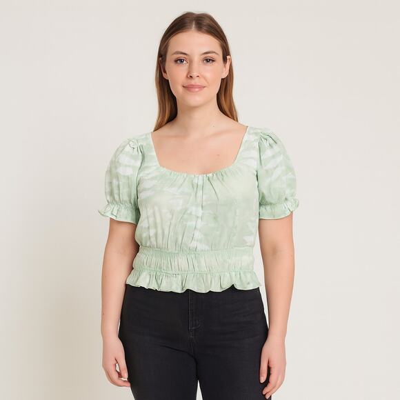 Good Luck Gem Women's Puff Sleeve Ruffle Hem Crop Size Medium - Light Green - Picture 1 of 8